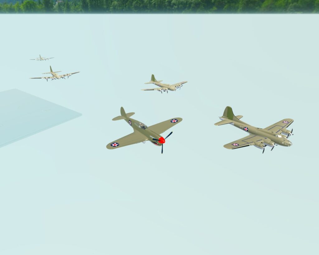 p40 in flight with 4 b17 bombers